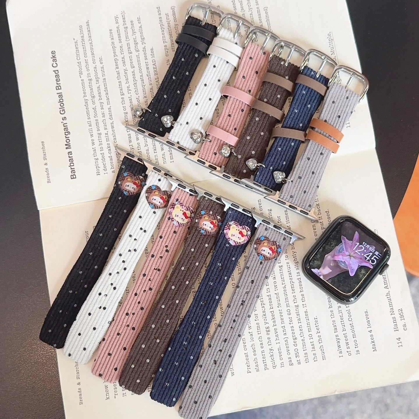 壳里斯iwatch表带S11灯芯绒皮革波点猫咪吊坠S10小蛮腰S8小众s9适用SE3苹果Applewatch手表高级感ultra新款S7