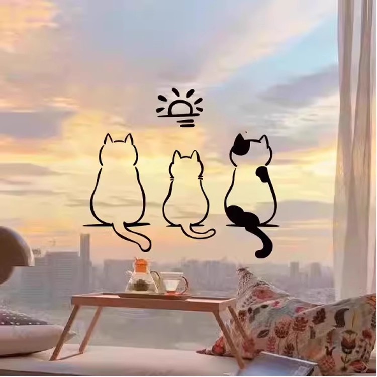 三只猫咪看太阳落地窗玻璃装饰贴