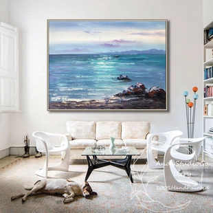 大芬村纯手绘油画现代简约大海风景客厅装饰画办公室书房横版挂画