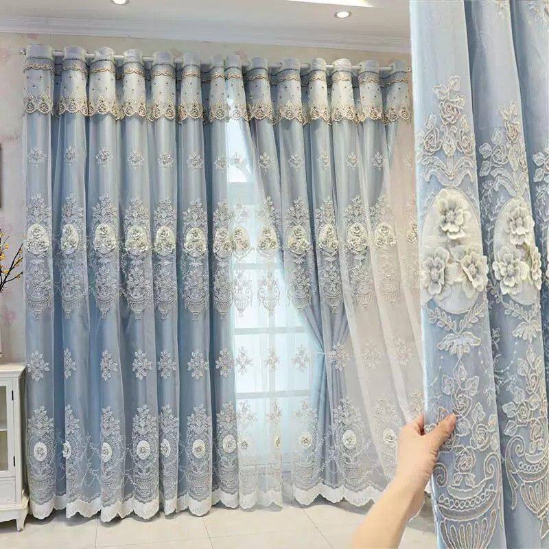 欧式简约双层窗帘粉色布纱一体成品奢华大气客厅卧室浮雕绣花窗帘