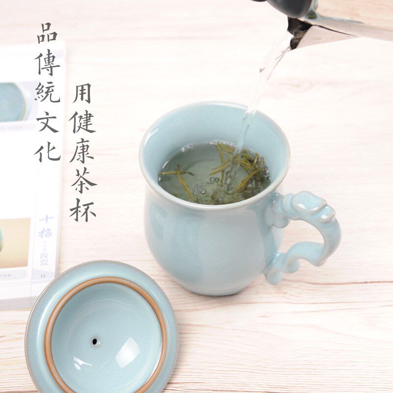 陶瓷汝瓷钧瓷茶杯龙头杯高端会议带盖办公室泡茶水杯子大容量礼盒