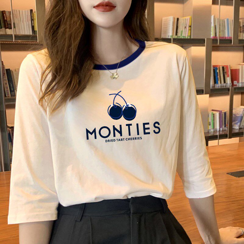 春秋漂亮纯棉中袖七分袖t恤上衣女新款小衫众设计感上衣夏季宽松