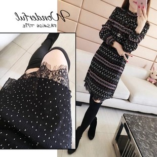 秋冬装新款大码中长款碎花打底衫女加绒加厚蕾丝裙立领雪纺连衣裙