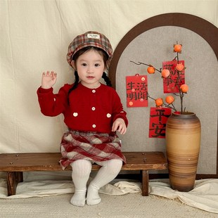 女童红色毛衣针织衫半身裙分体套装宝宝新年喜庆开衫短裙周岁礼服