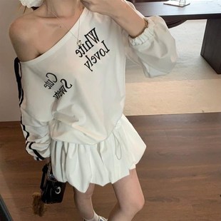 斜肩蝴蝶结长袖 设计感甜美花苞裙白色卫衣裙短裙子 连衣裙女早秋季