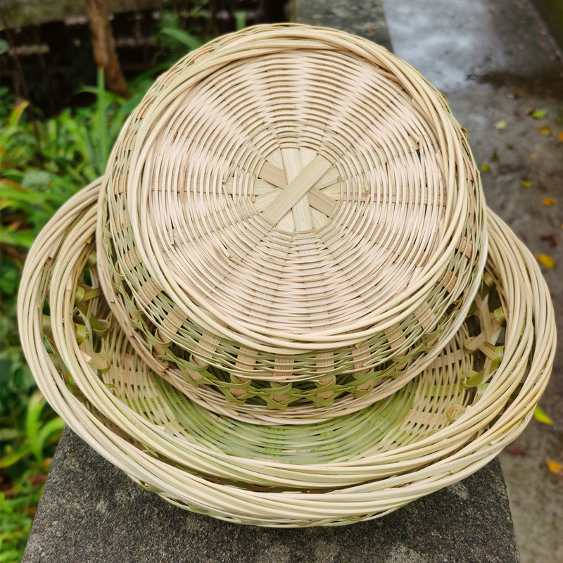 手工竹编制品收纳筐子点心水果盘蒸煮篮子农家用编织圆簸箕馒头筐