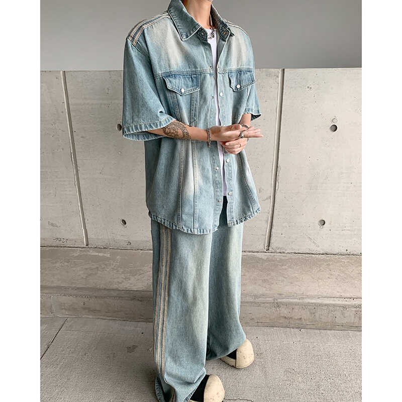 小众水洗复古垫肩牛仔衬衫男美式夏季高级设计感工装短袖夹克衬衣