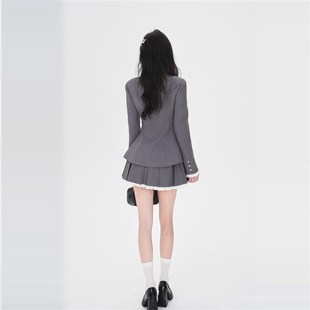 越韩小鱼 归国千金 学院千金风蕾丝拼接蝴蝶结收腰西装短裙套装秋