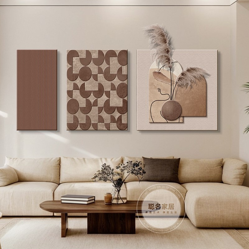 侘寂风客厅装饰画立体砂岩肌理感实物画极简抽象沙发背景墙三联画