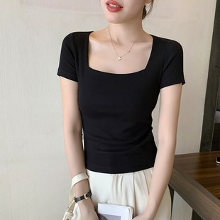 设计感露锁骨修身 纯棉内搭2024年新款 上衣 t恤女夏季 白色方领短袖