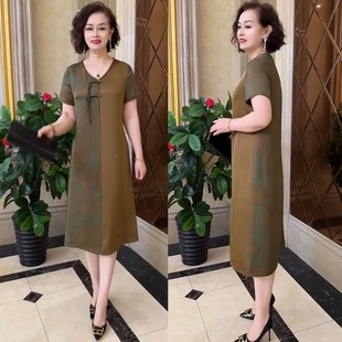 国风旗袍连衣裙短袖 夏季 花色真丝拼接中长裙 洋气中老年妈妈装 时尚