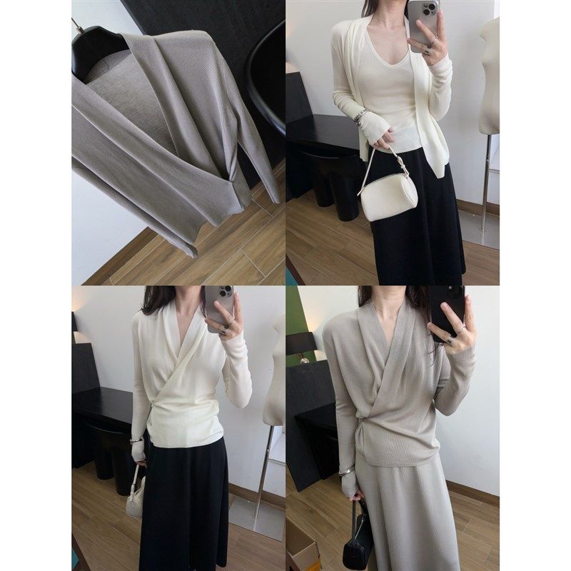 氛围感两穿 V领新款小众气质薄针织开衫套装女温柔系粉修身两件套