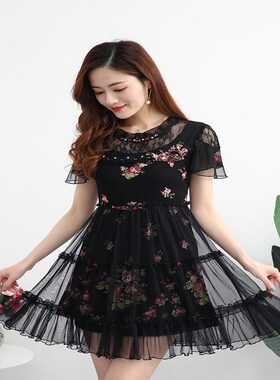 88920新款夏装黑色蕾丝连衣裙气质名媛短袖纱料裙大码裙子