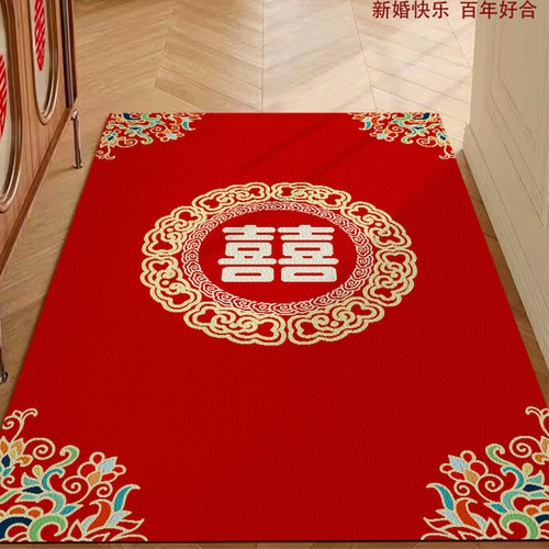 高级感结婚入户门地垫中式古典喜字地毯PVC门垫红色喜庆玄关脚垫