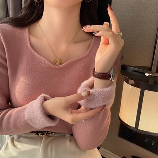 白色V领加绒针织毛衣女秋冬内搭2024春秋加绒加厚打底衫 上衣 长袖