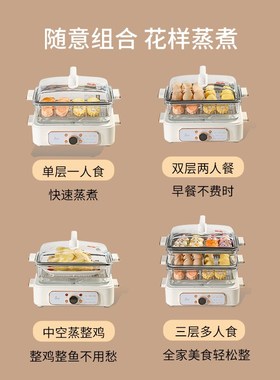JESE洁氏海鲜蒸汽锅家用多功能蒸笼蒸煮炖一体玻璃电蒸锅三层蒸箱