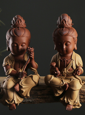 炼器中式文殊普贤佛像摆件客厅玄关博古架居家供奉陶瓷禅意装饰品