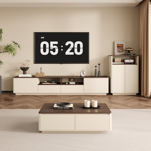 小户型中古风茶几电视柜组合家用客厅收纳储物柜一体落地边柜定制