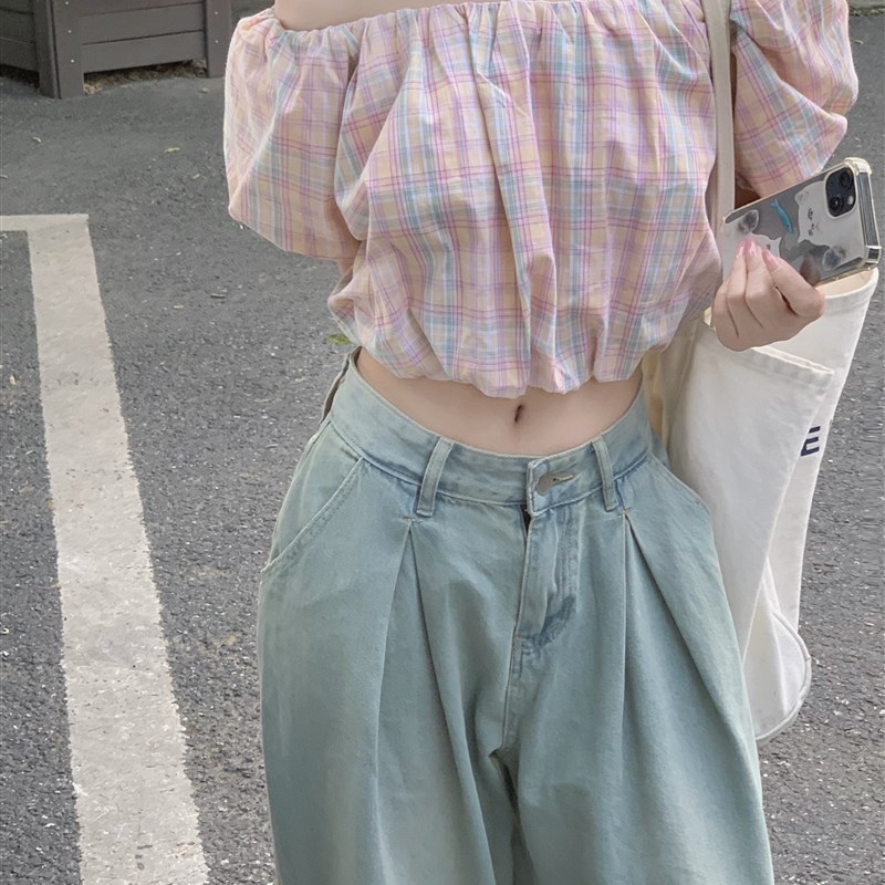 WASEI水冰冰】夏一字肩冰淇淋色两穿格子短款温柔系凡尔赛上衣女