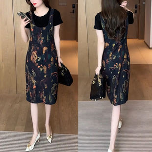 短袖 2024夏季 气质显瘦假两件裙子女碎花中长款 时尚 背带连衣裙 新款