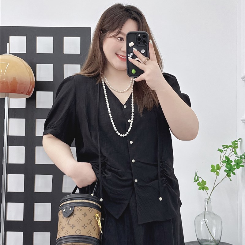 新中式复古大码褶皱连衣裙套装女夏2023新款胖mm盐系中国风两件套