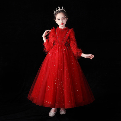 长袖公主裙儿大童高端走秀钢琴晚礼服春秋女花童女孩主持人表演服