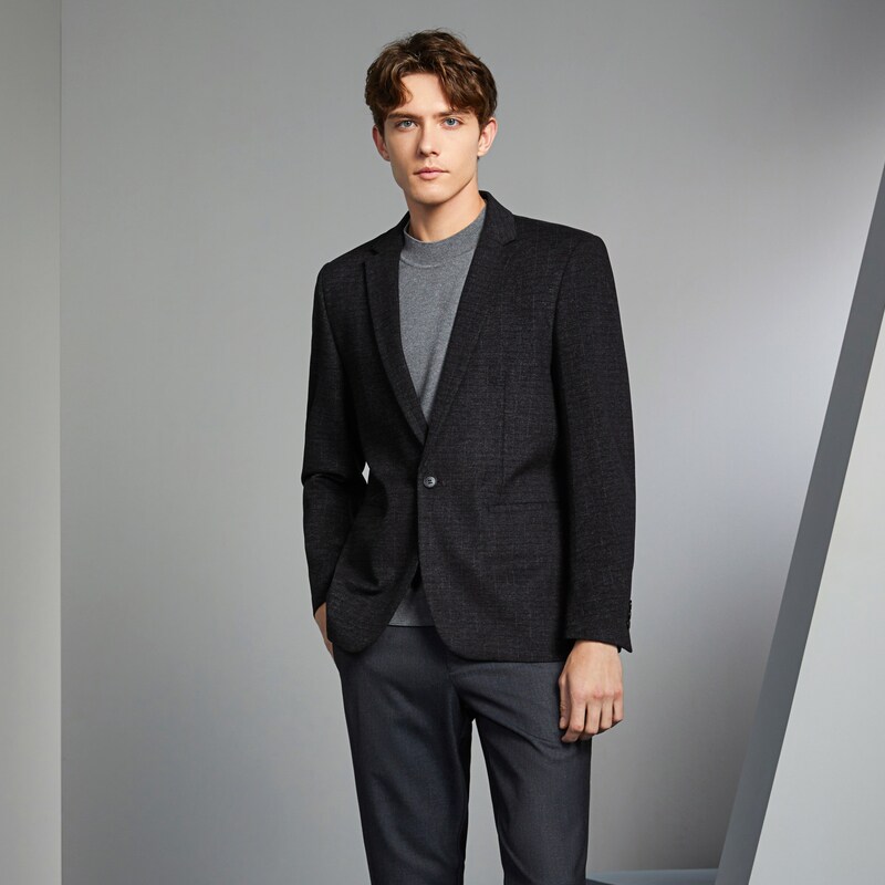 柒牌休闲西装外套男2025秋冬新款修身提花一粒扣男士灰色单西西服