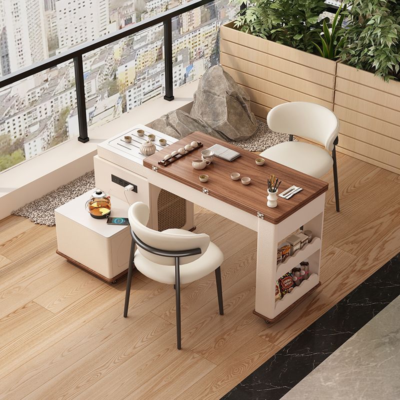 奶油风实木可伸缩折叠旋转移动餐桌茶桌带烧水壶小户型家用小茶台