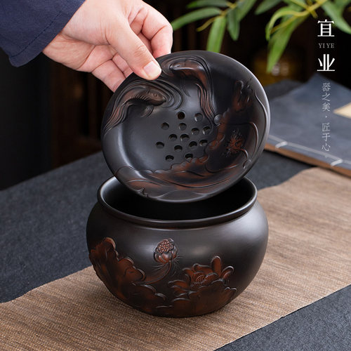 宜业紫陶复古家用茶渣缸茶洗陶瓷水盂大号干湿分离桌面废茶水桶