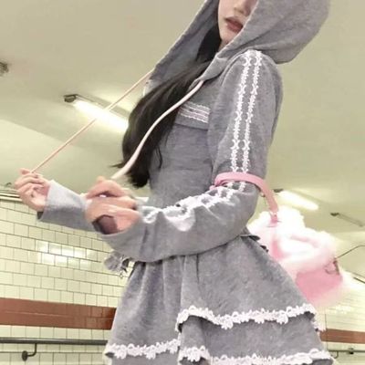 韩系chic甜辣独特绝美小套装小个子穿搭一整套花边连帽卫衣蓬蓬裙