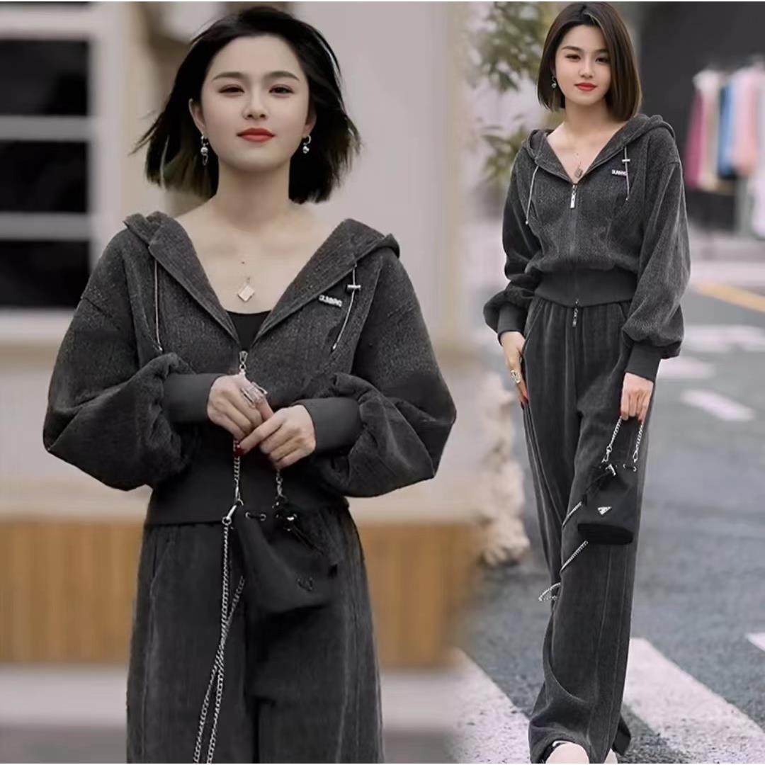 设计感小众细闪洋气减龄连帽短卫衣休闲运动两件套宽松阔腿裤套装,女装/女士精品,休闲运动套装,淘宝优惠券,粉丝福利购,淘宝优惠卷