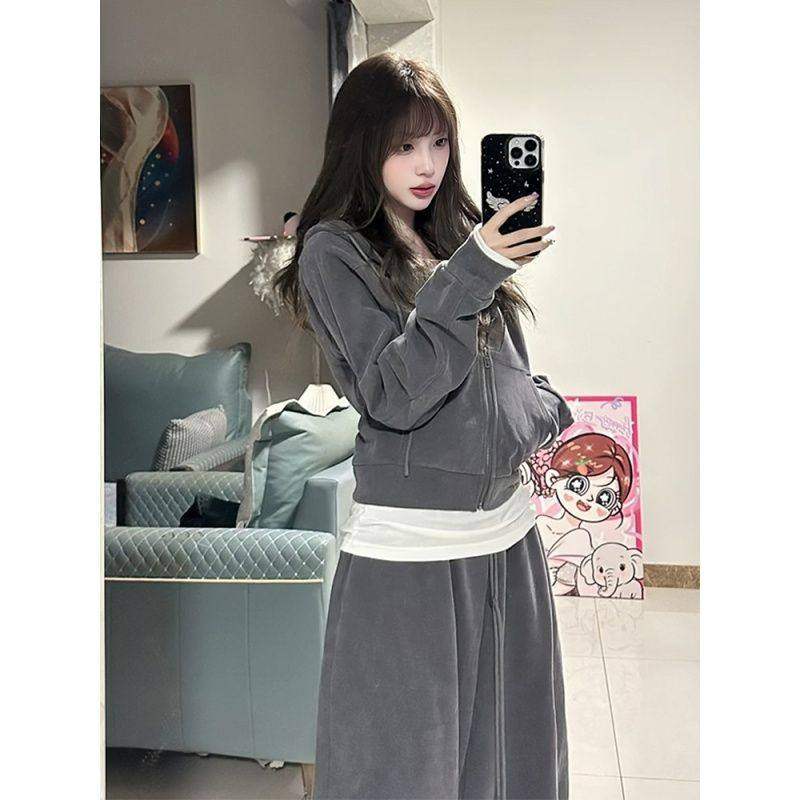 韩系休闲运动服套装女装春秋季气质少女感显瘦连帽卫衣长裤两件套