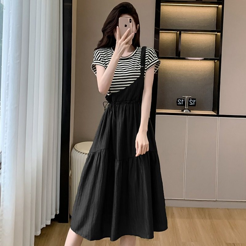 夏季大码假两件收腰遮肚T恤裙胖mm韩系条纹显瘦洋气抽绳连衣裙女,女装/女士精品,大码内搭,淘宝优惠券,粉丝福利购,淘宝优惠卷