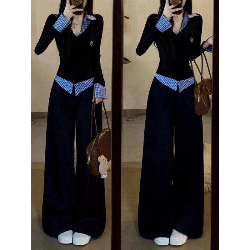 高级感格子运动服套装女春秋宽松显瘦假两件卫衣阔腿裤休闲两件套