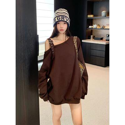 春秋季露肩长袖卫衣薄款宽松版t恤女款设计感上衣服斜肩酷飒拽姐