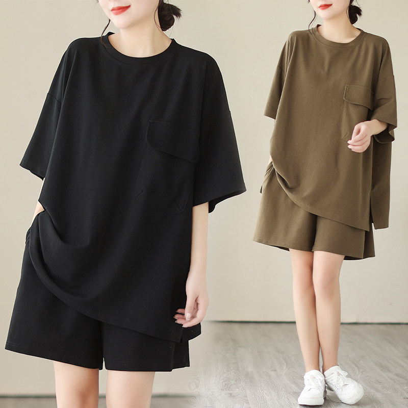 大码女装2025夏季胖妹妹时尚减龄显瘦阔腿短裤套装宽松T恤两件套,女装/女士精品,大码套装,淘宝优惠券,粉丝福利购,淘宝优惠卷