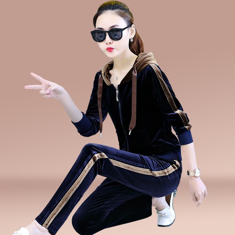 春秋新款休闲运动套装女金丝绒长袖大码开衫连帽休闲服两件套质感