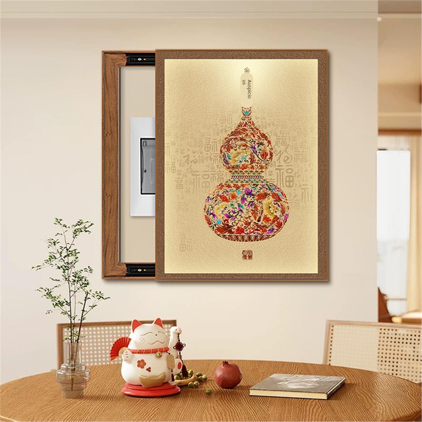 新中式电表箱寓意好装饰画竖款葫芦餐厅推拉式电闸配电箱遮挡挂画