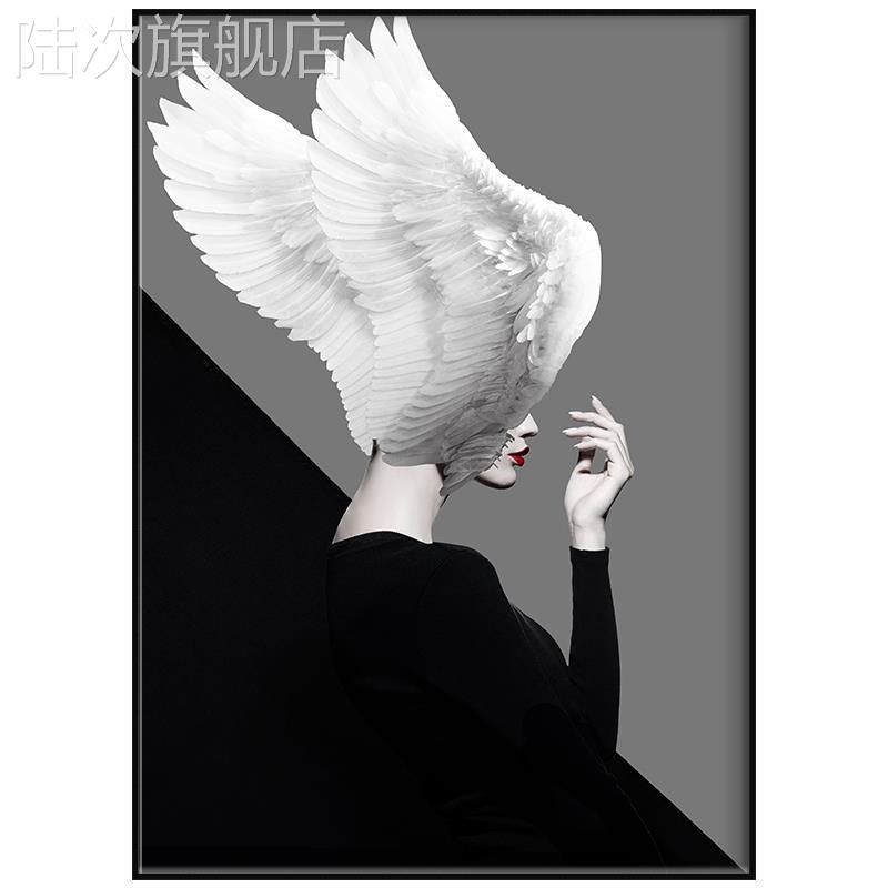 挂画装饰画客厅人物美女玄关画黑白灰羽毛个性创意大幅大尺寸壁画图片