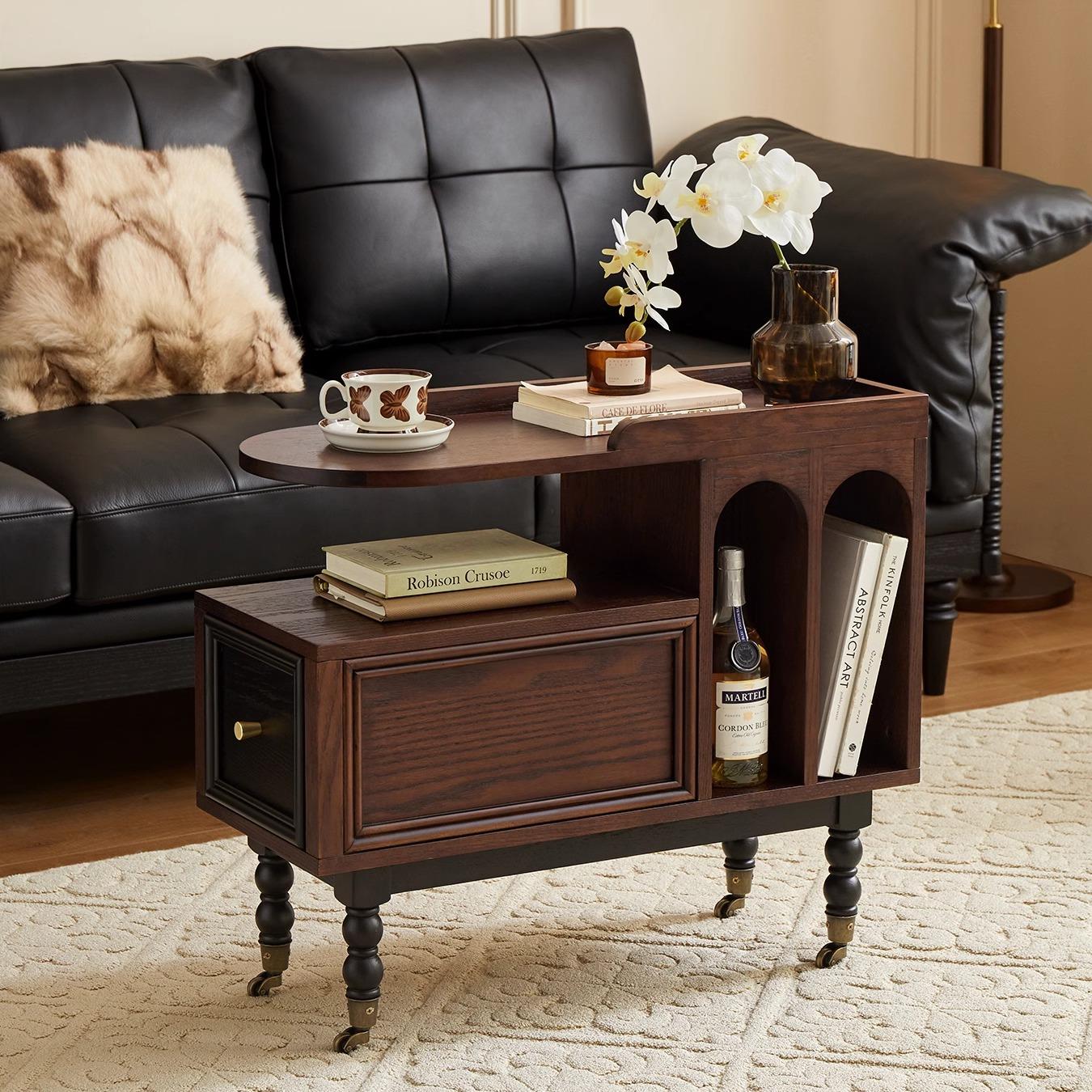 半岛空间法式复古实木小推车置物架客厅中古小茶几可移动沙发边几