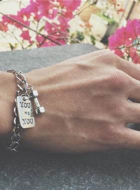 小哑铃嘻哈商品美潮牌手钛钢哑铃手链复古情侣手手饰潮人男士日韩