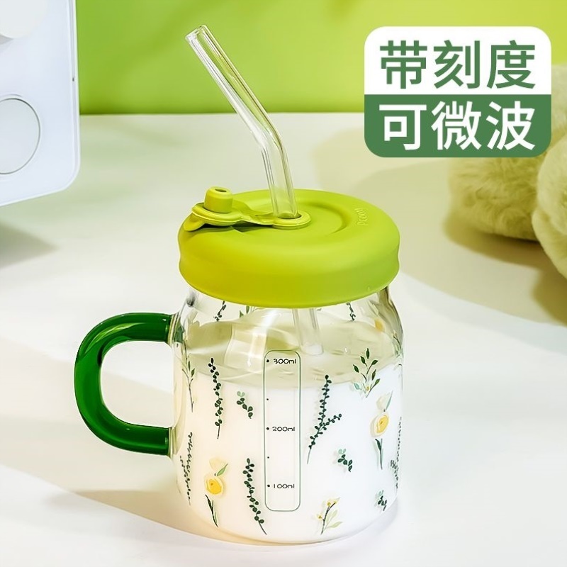 吸管玻璃杯女2024新款牛奶杯带刻度森系水杯微波炉加热办公室杯子