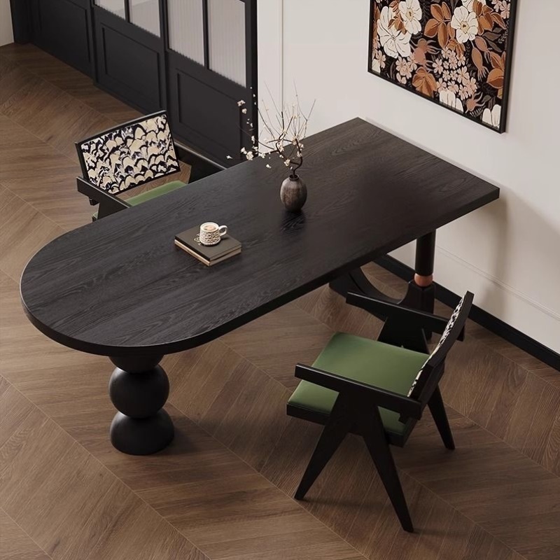 法式复古实木餐桌椭圆形家用小户型黑色中古风客厅饭桌书桌一体桌