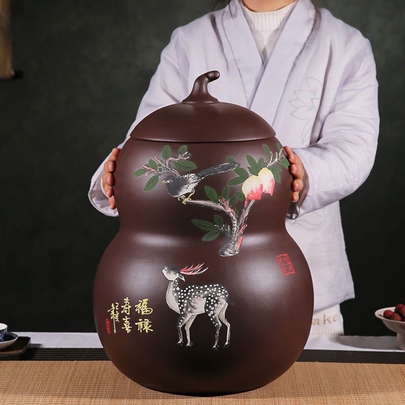 新款陶瓷米缸紫砂米缸带盖大号米桶面粉桶大豆桶20斤50斤葫芦型