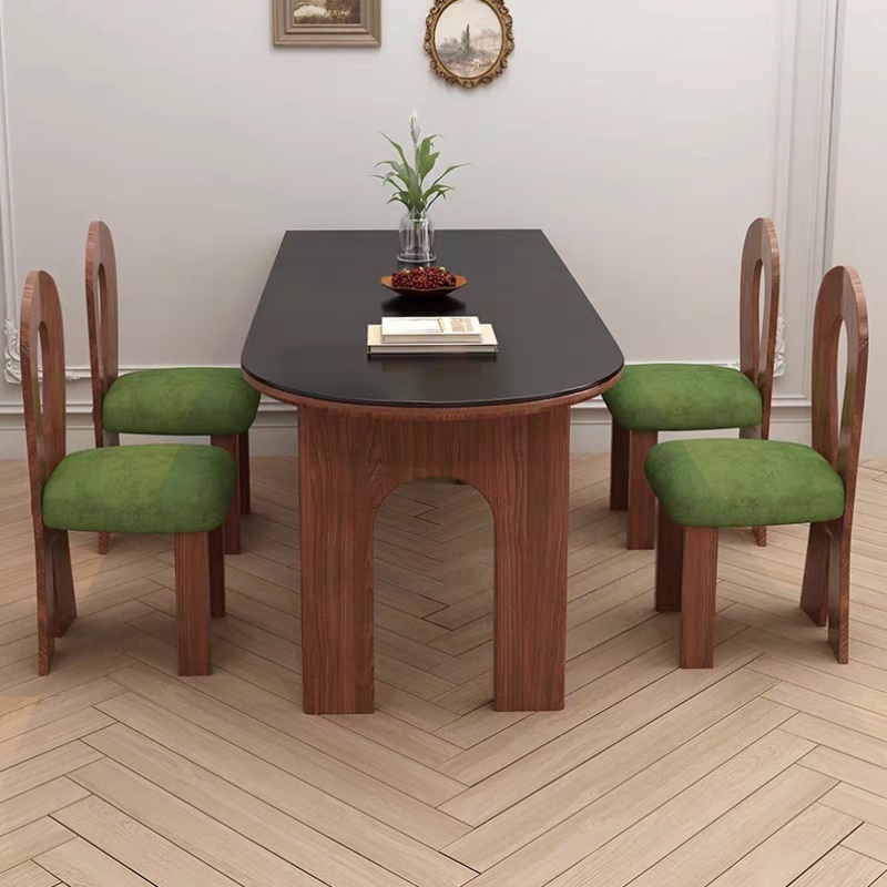 法式中古岩板餐桌家用小户型拱门吃饭桌子奶油风半岛台靠墙省空间