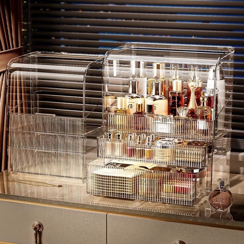 化妆品收纳盒家用桌面大容量多层防尘梳妆台透明护肤品口红置物架