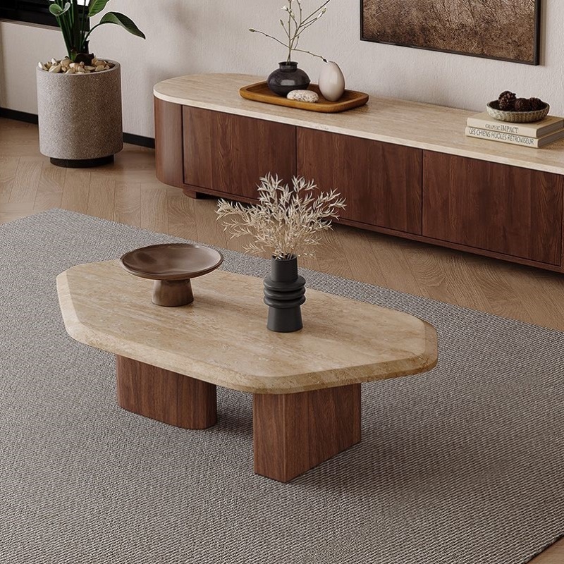 侘寂风异形复古洞石茶几小户型客厅家用矮桌设计师民宿大理石桌子