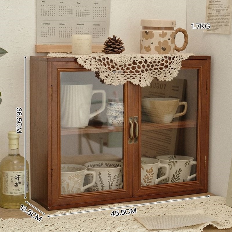 海棠玻璃复古实木茶杯收纳柜日系化妆品桌面收纳盒防尘手办展示柜