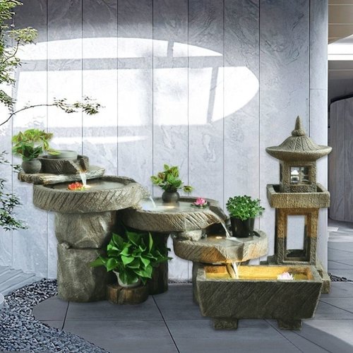 田园风庭院阳台造景摆件石磨喷泉流水民宿中式餐厅开业装饰品灯塔