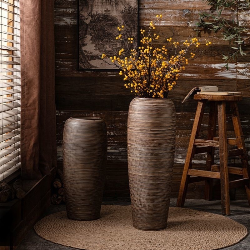 景德镇落地大花瓶新中式咖啡色原色棕色竖纹客厅庭院别墅酒店摆件
